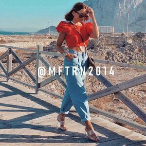 New Zara Frilly Puff Sleeve Cropped Red Top NWT Size XS